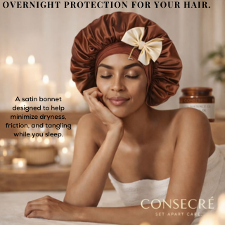 Consecré satin bonnet for overnight hair protection.