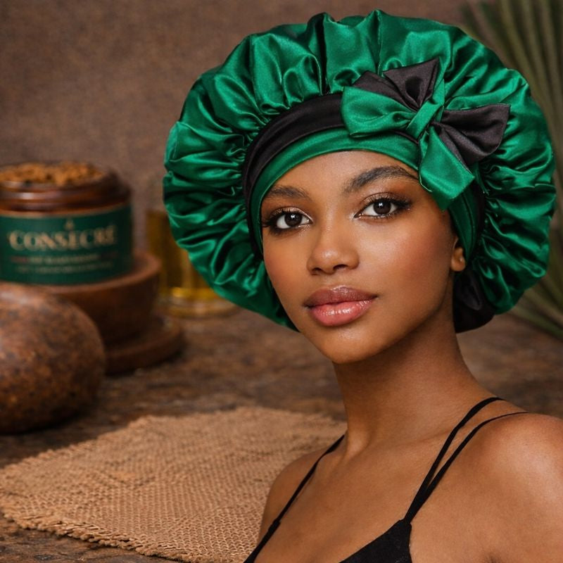 Woman wearing a Consecré emerald and black satin bonnet designed for overnight hair protection.